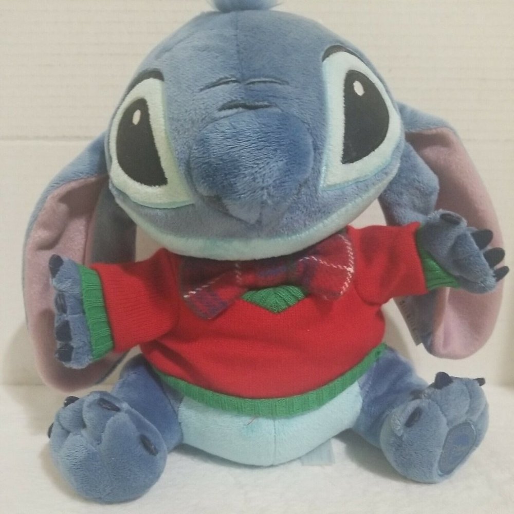 Disney Store Stitch Plaid Bow Tie Red Sweater Stuffed Plush Animal Holiday